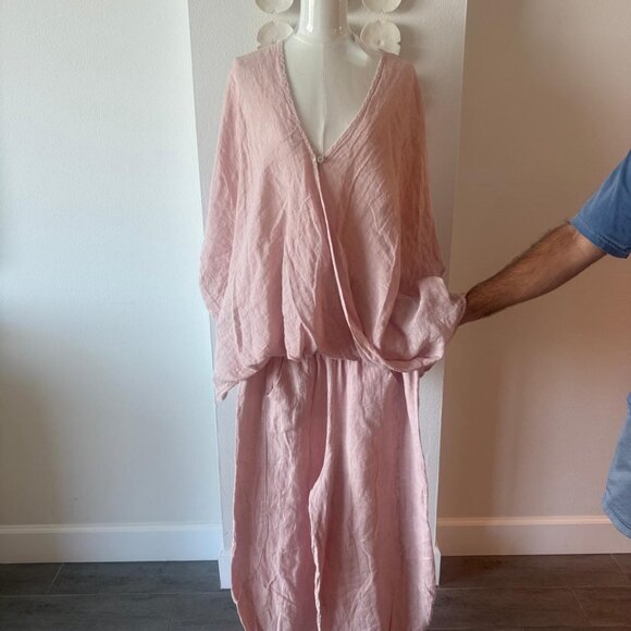 Italian Linen Two-Piece Set – Light Pink Tunic & Wide-Leg Pants – Made in Italy - Picture 1 of 12